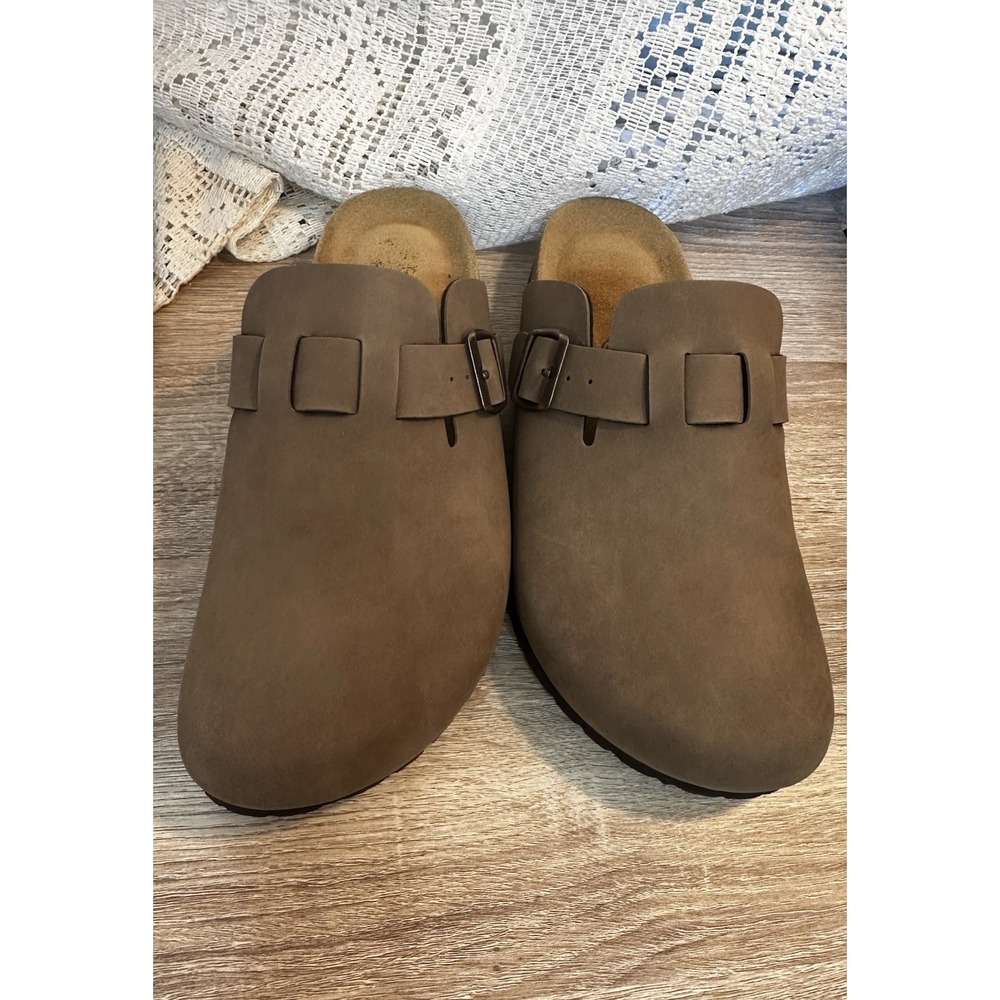 Cushionaire Leather Womens 10M Hana Cork Footbed Clog Mules Brown Boho Grunge